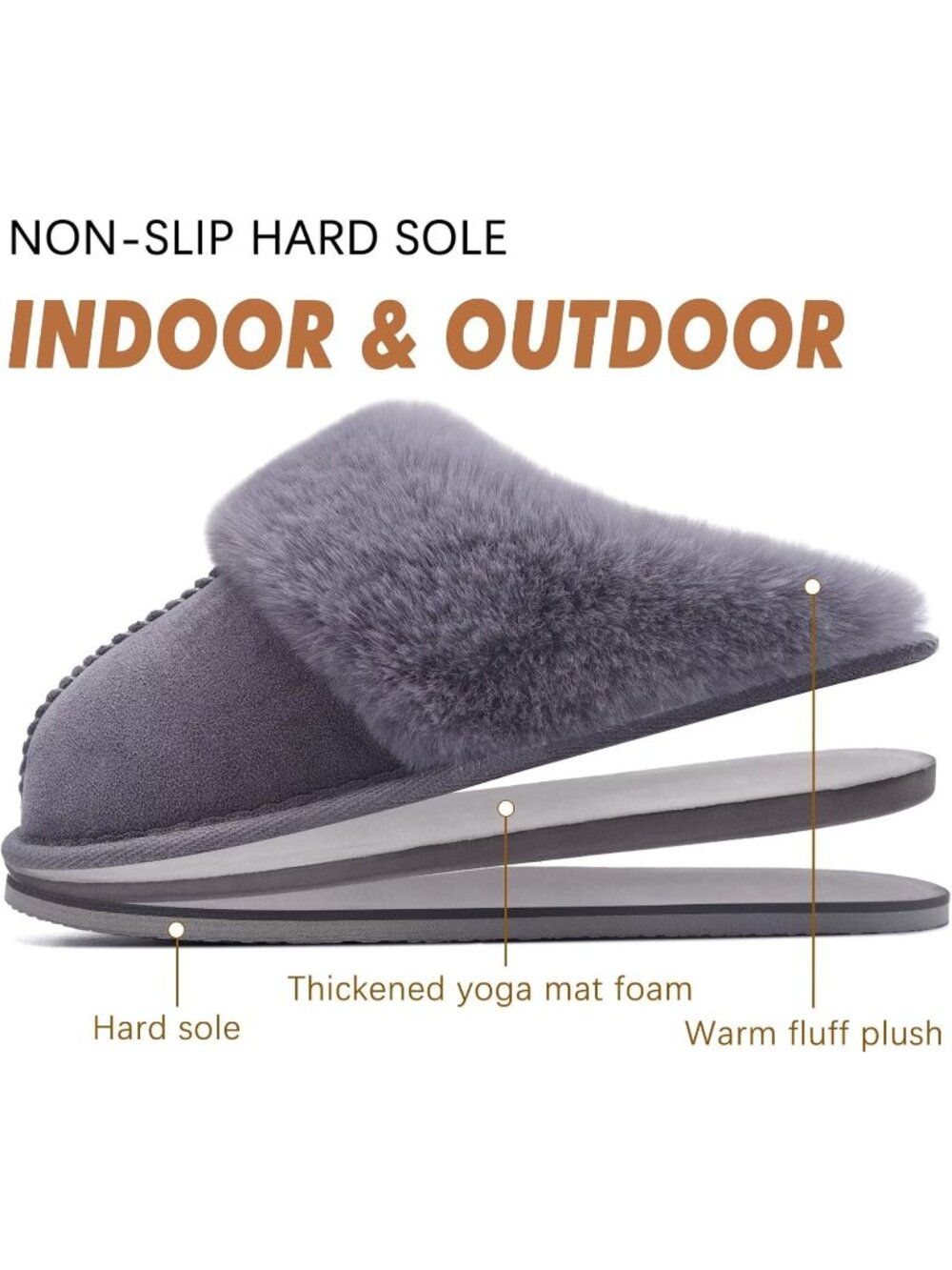 Womens Dark Grey Cozy Memory Comfy Winter Scuff Indoor Outdoor Rubber Hard Sole - Picture 6 of 6